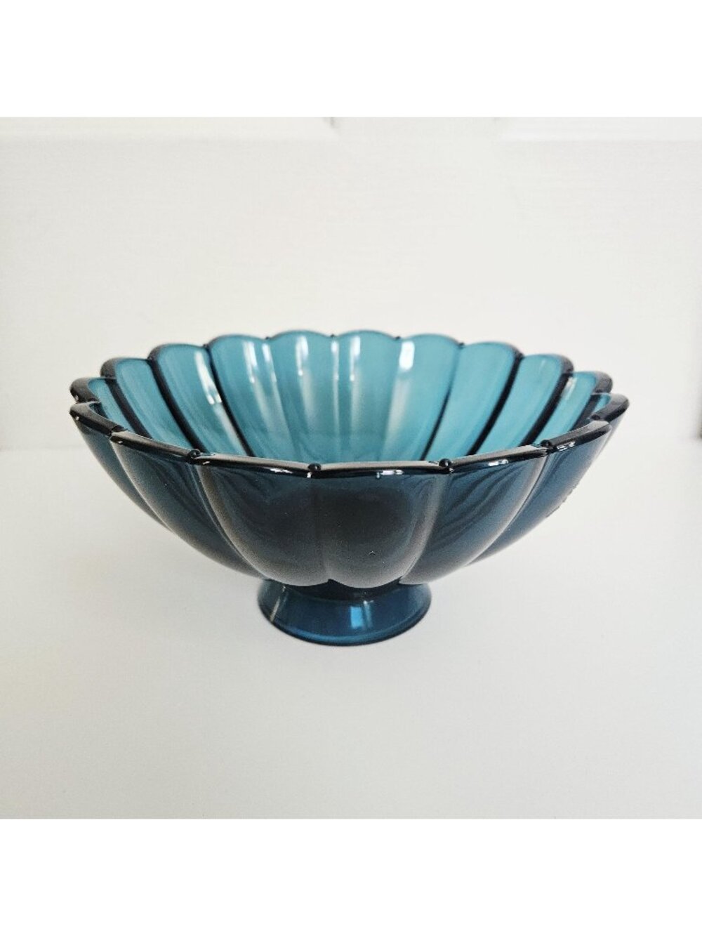 Vintage Teal Blue Glass Pedestal Bowl Scalloped Edge Cottage Compote